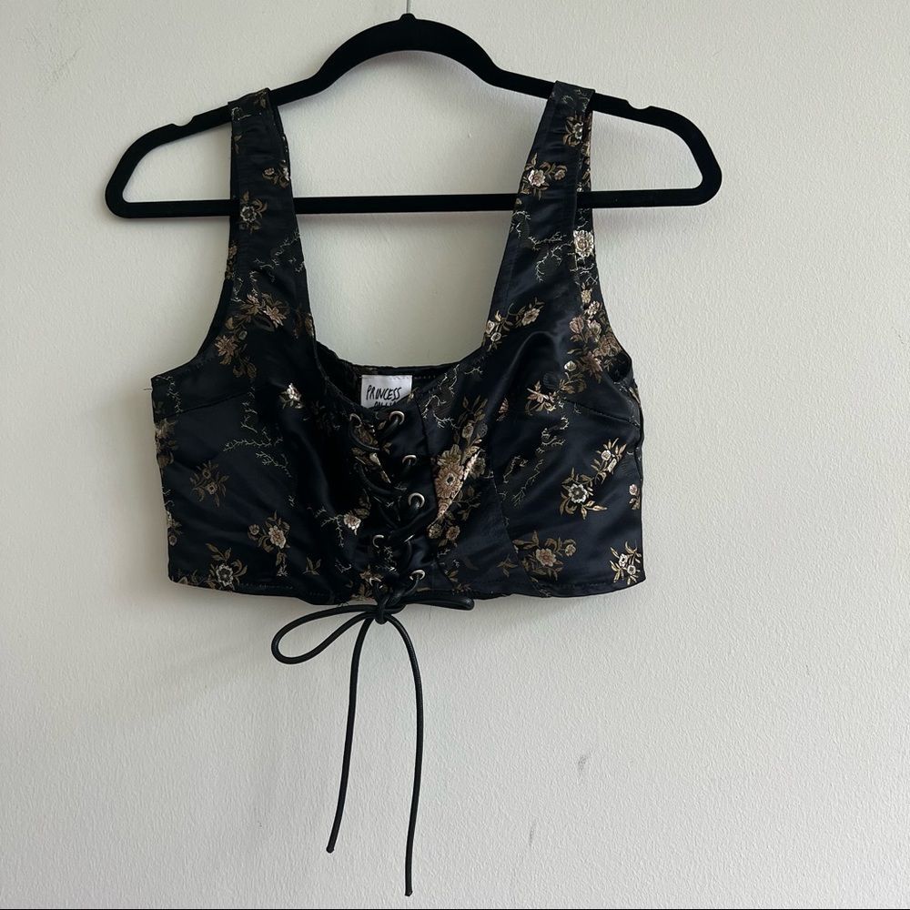 Princess Polly Black Floral Embroidered Lace Up Corset Crop Top Size 6 - Picture 6 of 6